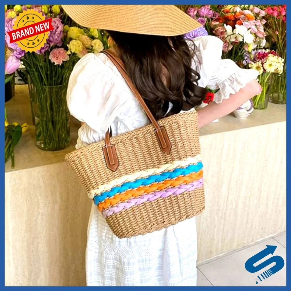 Woven Raffia Straw Tote Bag Boho Chic Summer Beach Vacation Travel Essential